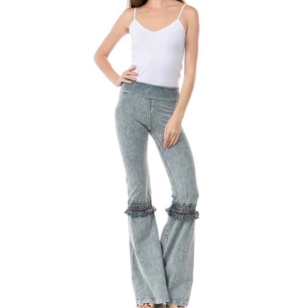 T-Party Mineral Wash Fringe Bell Bottom Flare Pants Grey - Large
